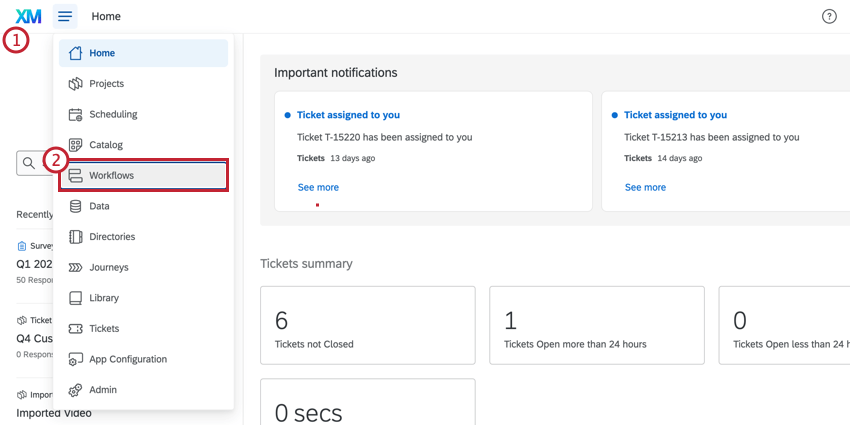 Qualtrics account with workflows highlighted