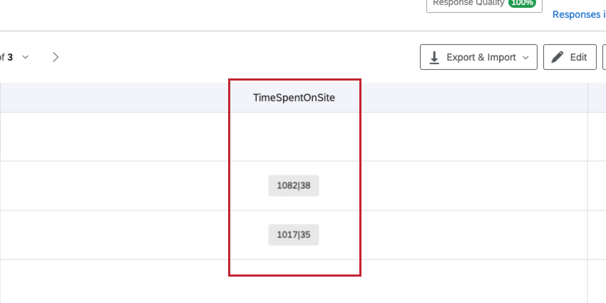 Imagen de los datos registrados para el Tiempo de permanencia en el sitio. Hay dos números separados por una línea vertical |. El número en el lado izquierdo es el tiempo total pasado en el sitio. El número en el lado derecho es el tiempo dedicado a concentrarse en el sitio.