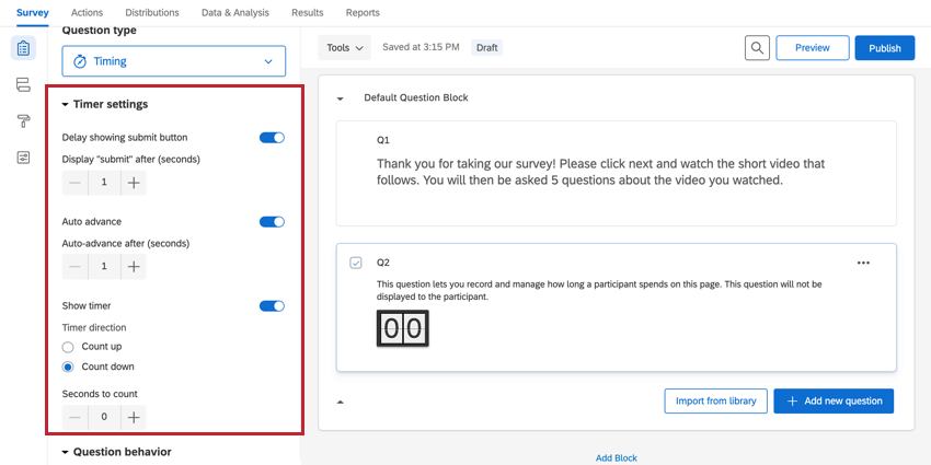 the timer settings section for a timing question