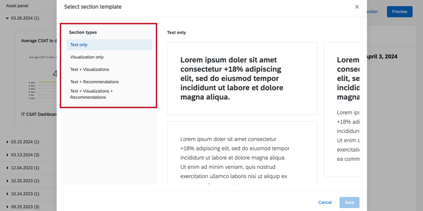Section types menu highlighted