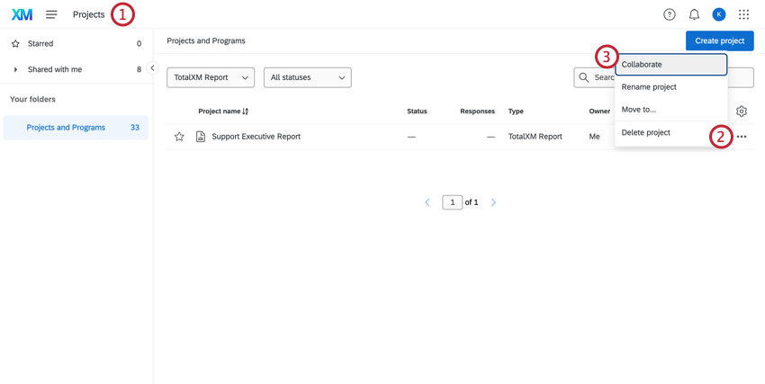 Projects page, three dot menu highlighted to the right of a project, Collaborate option highlighted