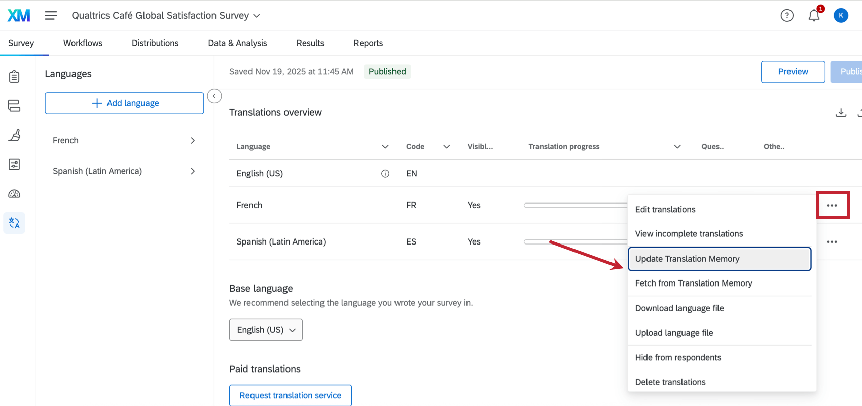 Translation memory options in the three dot menu of the translation tab