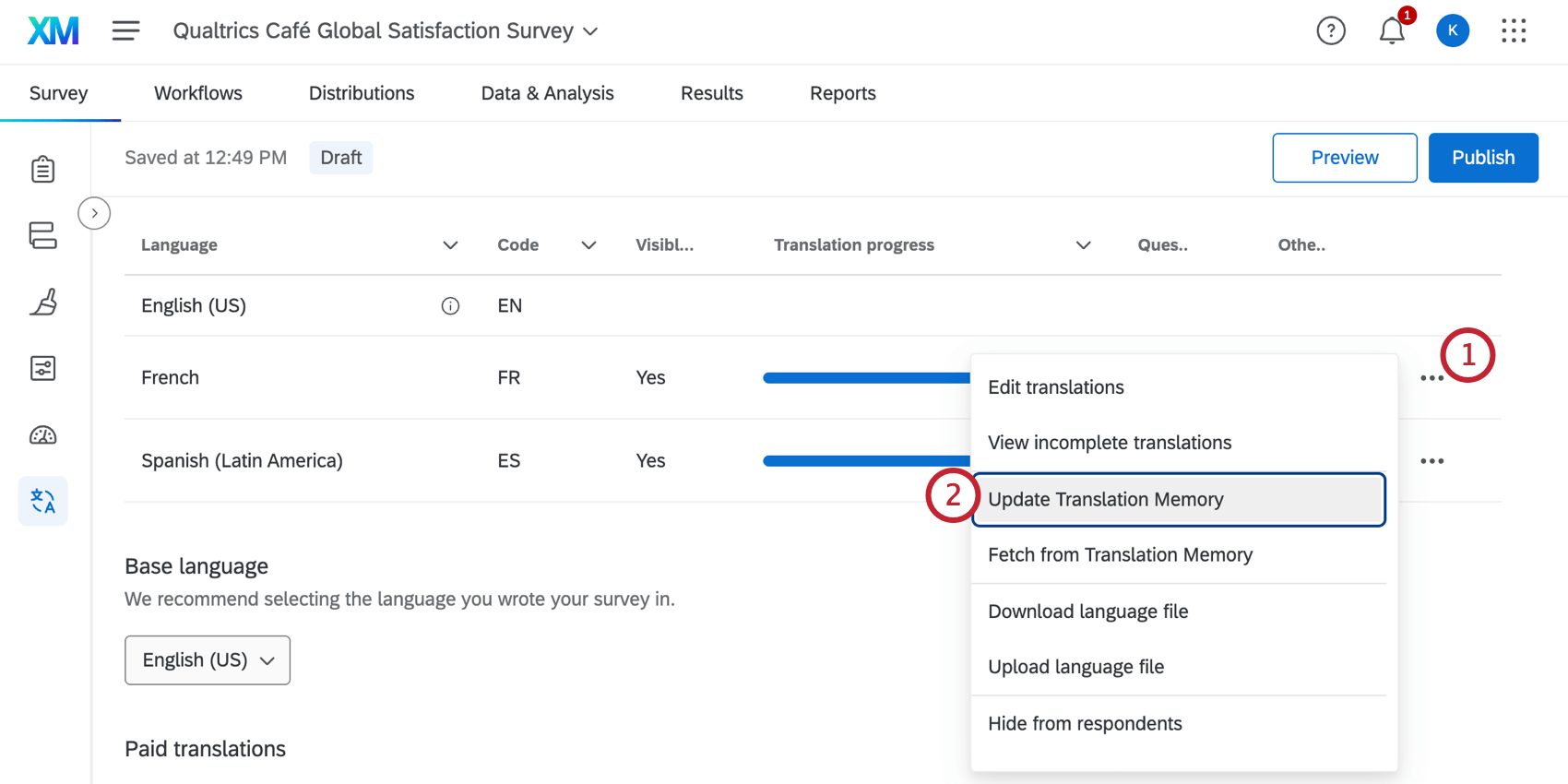 Opção de atualização da memória de tradução