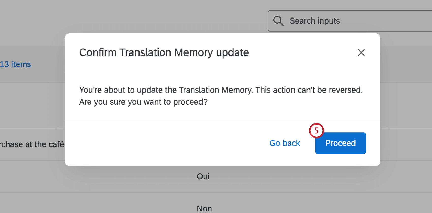 Confirmez les modifications apportées à la mémoire de traduction en cliquant sur le bouton "Continuer"