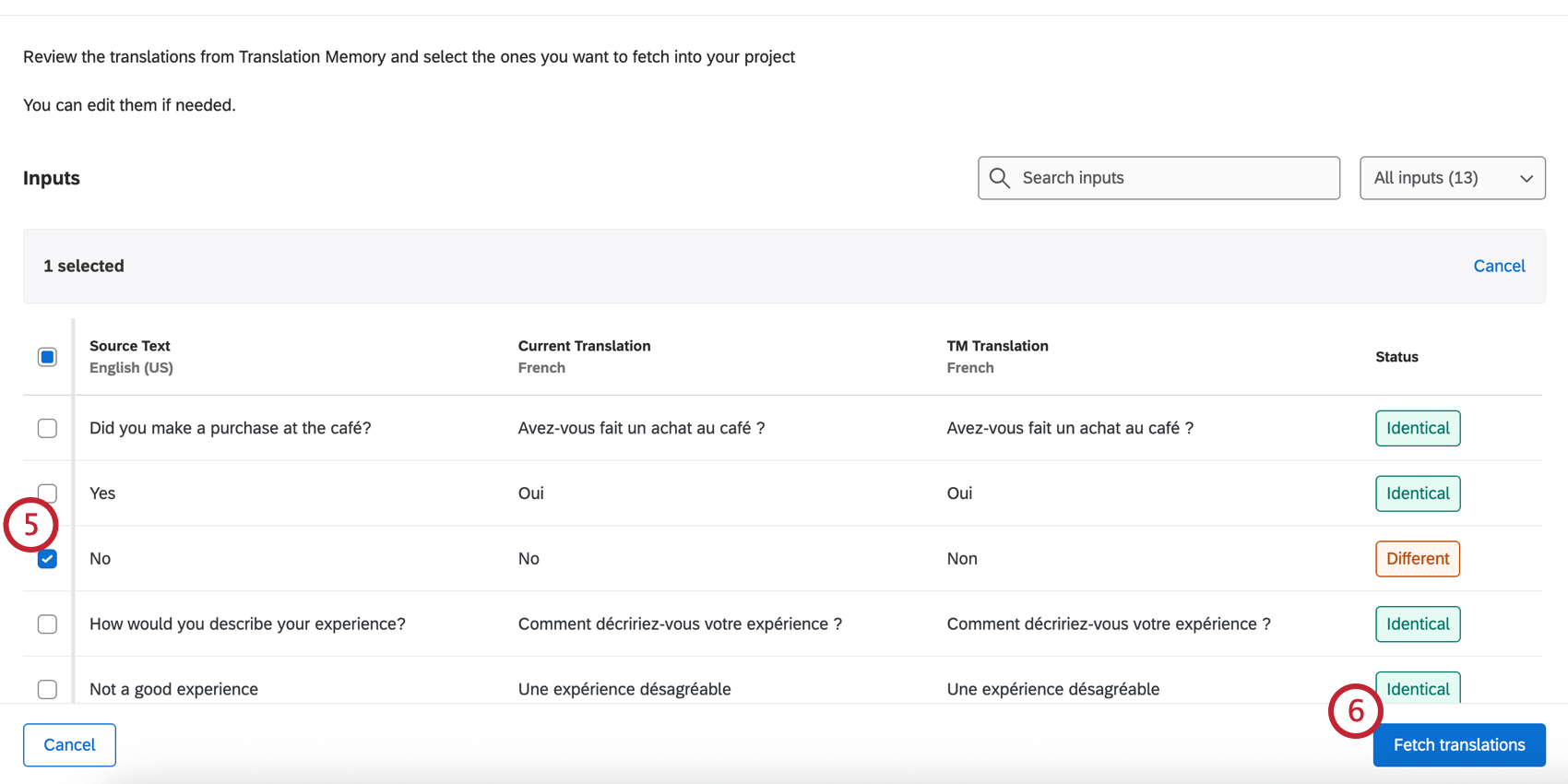 Selecting the translation row that is not identical via the checkbox