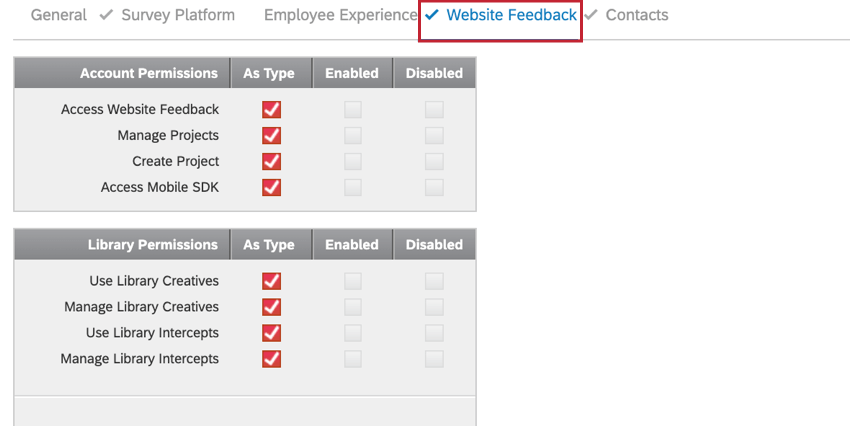 the website feedback section of the user permissions page