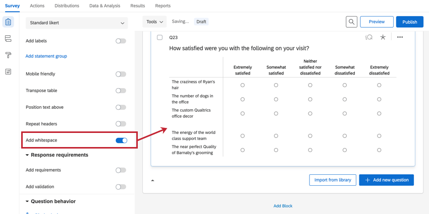 the add whitespace toggle for a matrix table