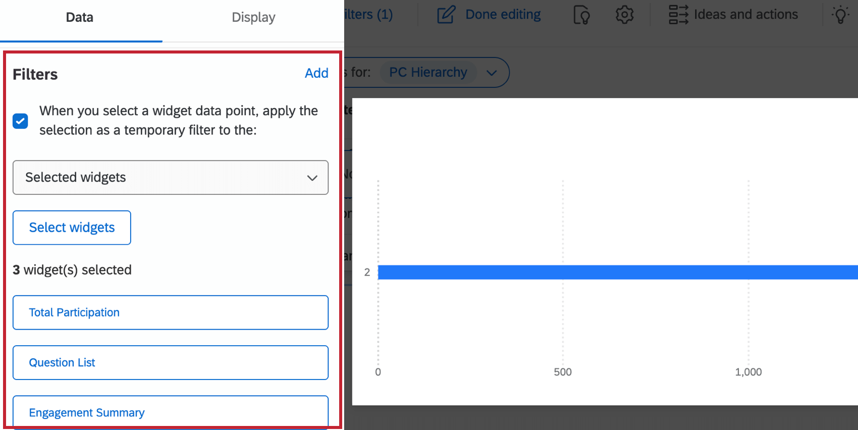 Section "Filtre" de la configuration du widget du tableau de bord EX