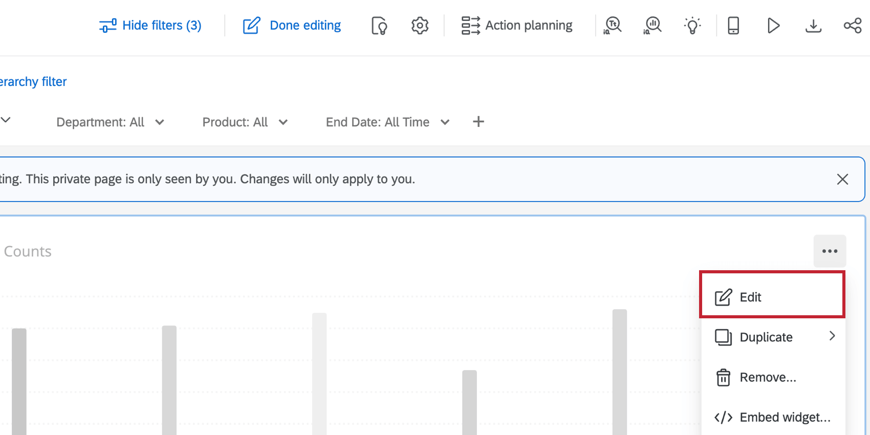 Modifica del widget facendo clic sul menu a tre punti