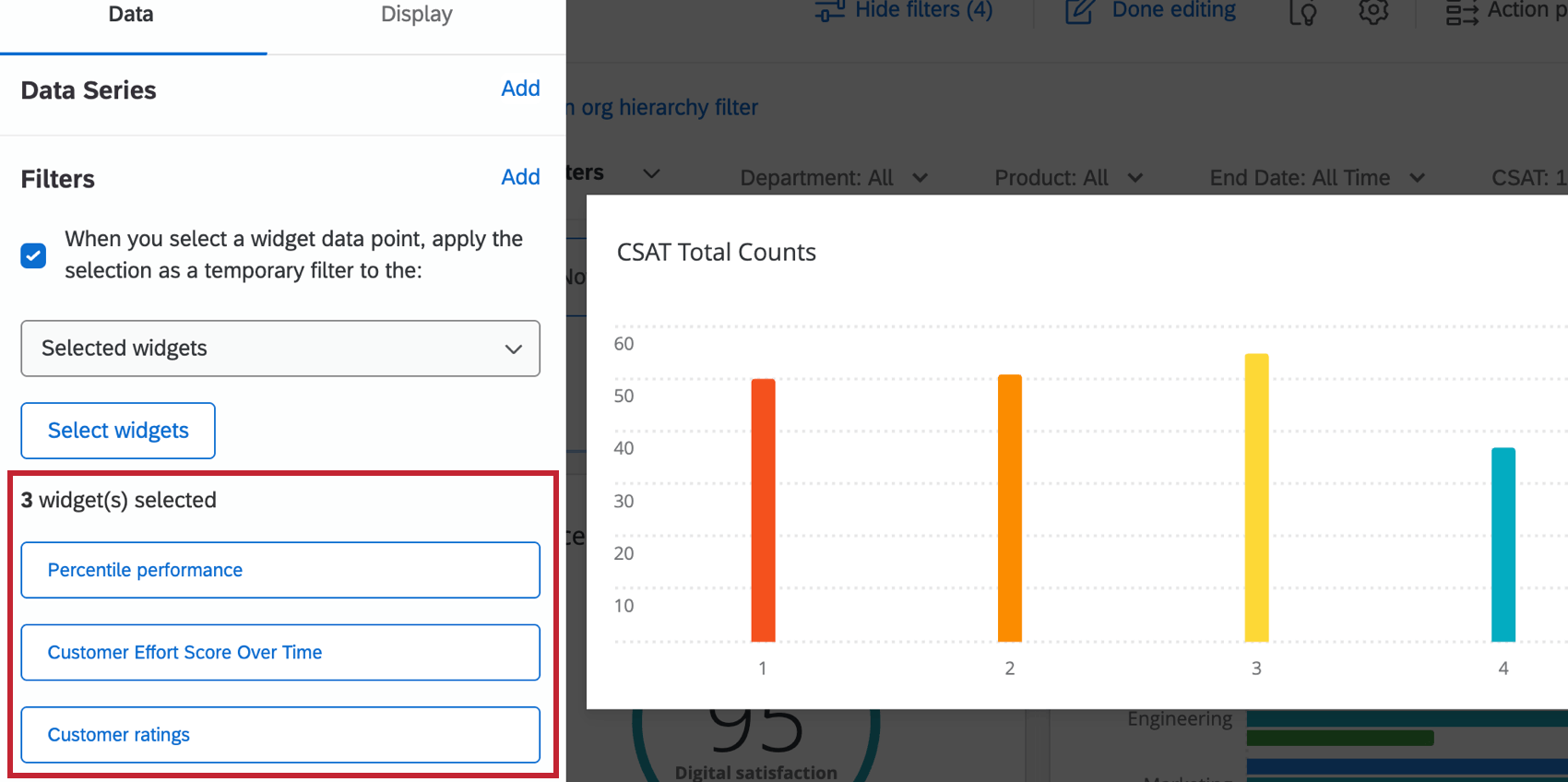 Selected filters shown in the Filters section of widget configuration