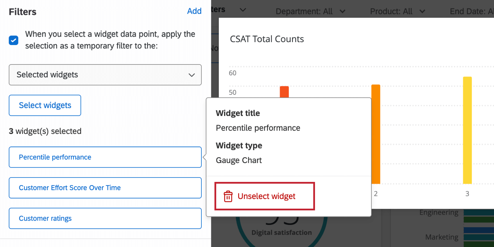 The Unselect widget button that shows after clicking on a widget in the filters menu