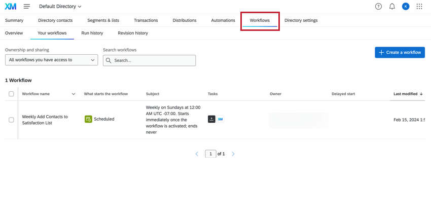 Highlights the workflows tab in XM Directory
