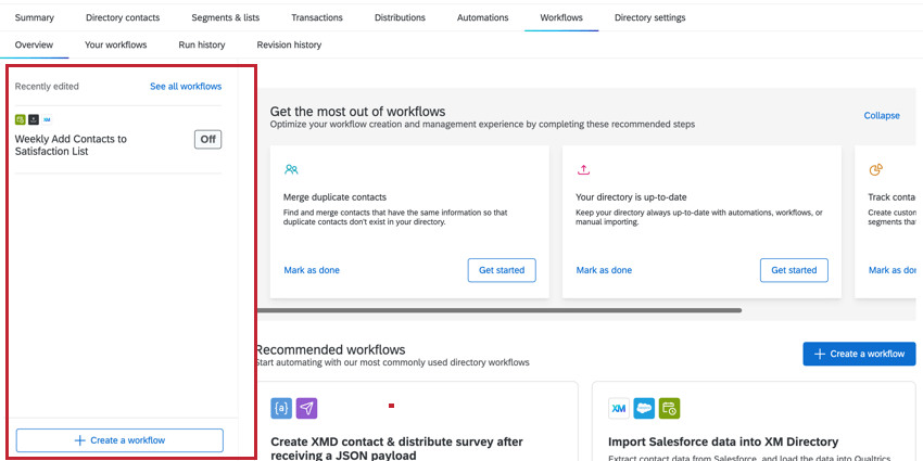 Menü Workflows auf der linken Seite
