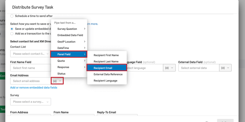 image of the xm directory task showing how to select recipient email in the piped text menu