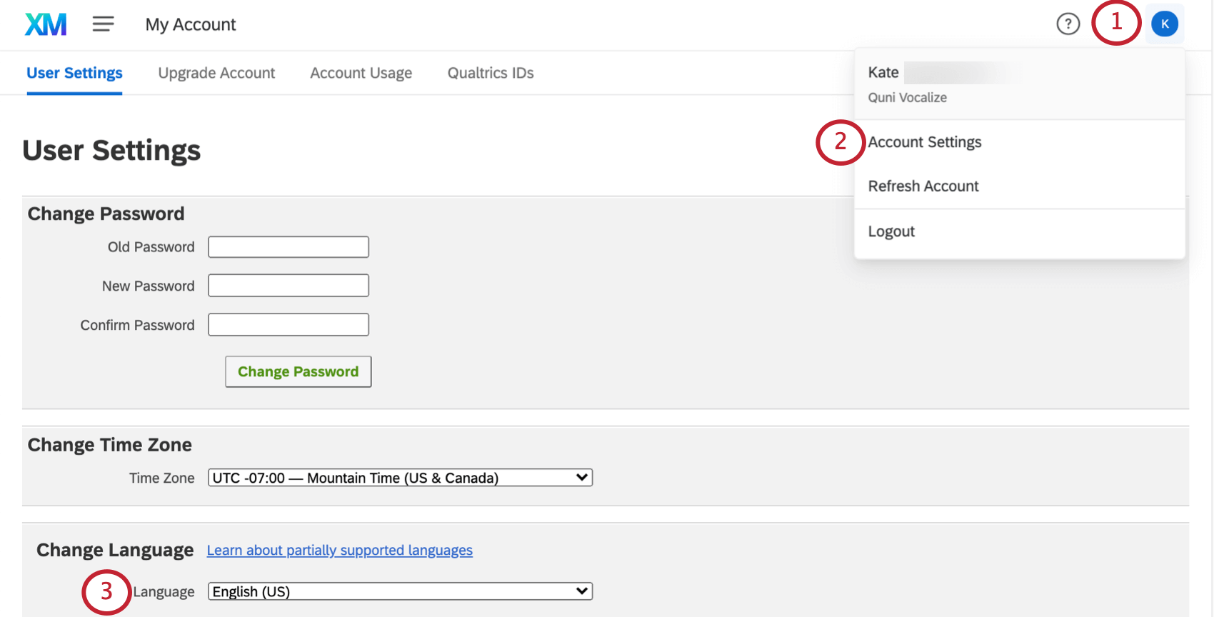 account settings, changing the language