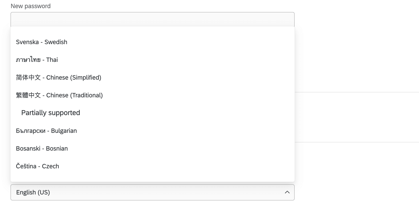 Dropdown-Liste Sprache ändern in den Benutzerkontoeinstellungen