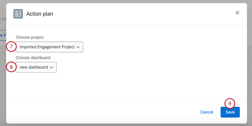 choosing the project and dashboard that contains the action plans