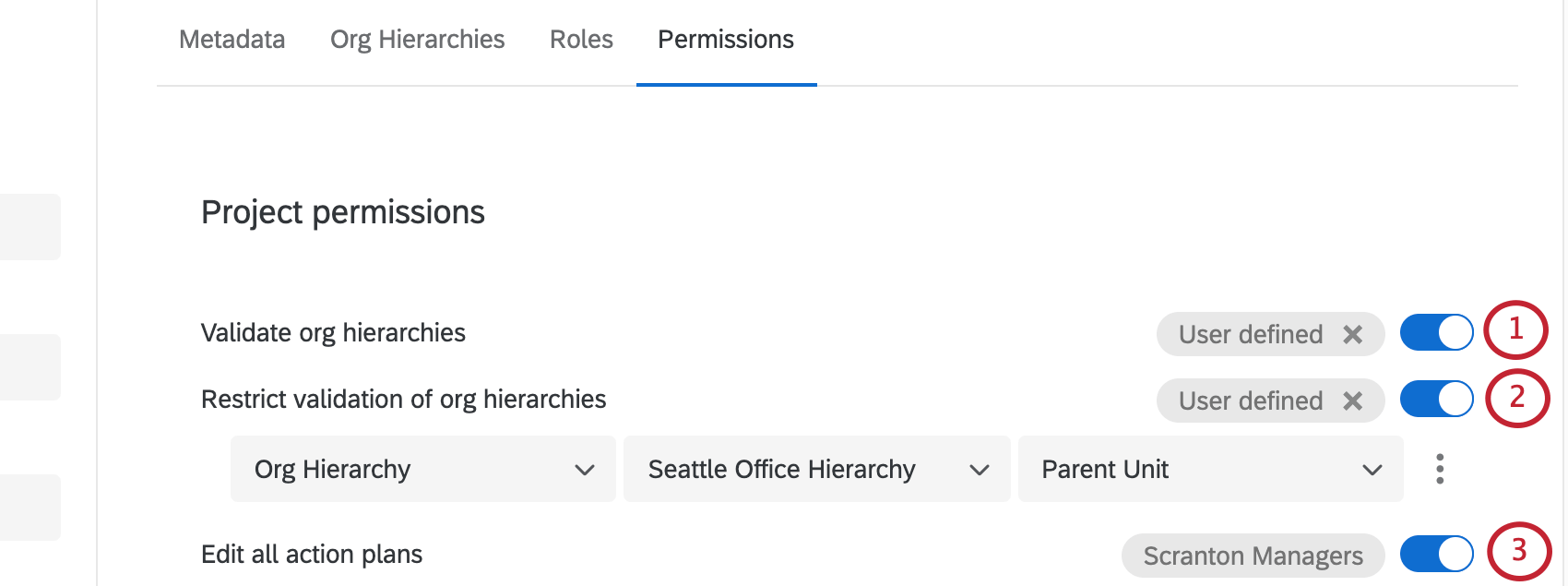 Validate Org Hierarchies permission and all associated settings are highlighted in the Permissions tab