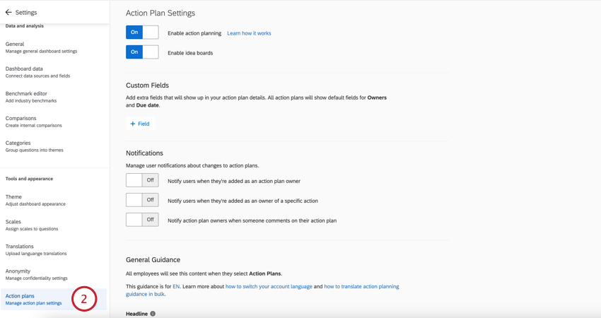 going to the action plans section of dashboard settings