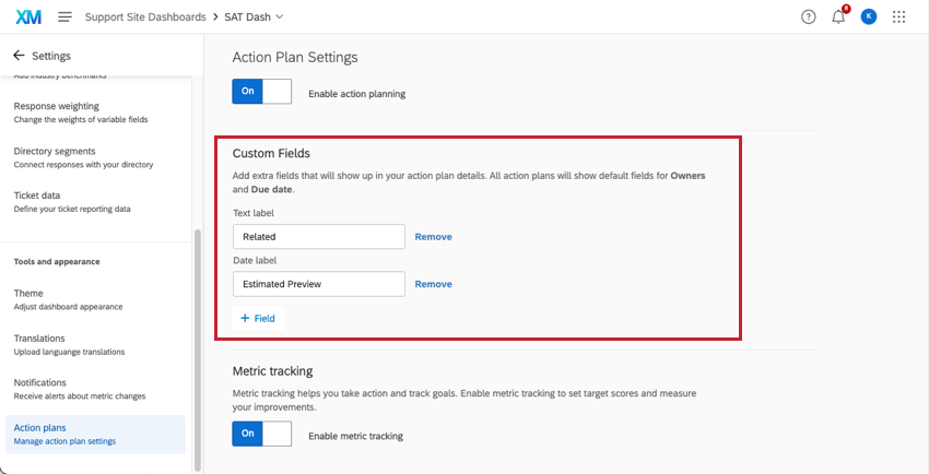 ダッシュボードの［設定］の［アクションプラン］セクションにある［カスタムフィールド］のセクション