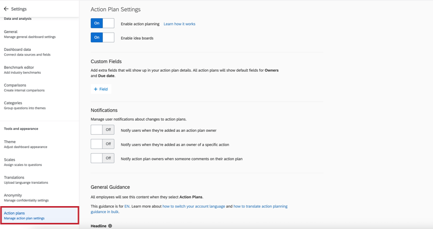 the action plans section of dashboard settings
