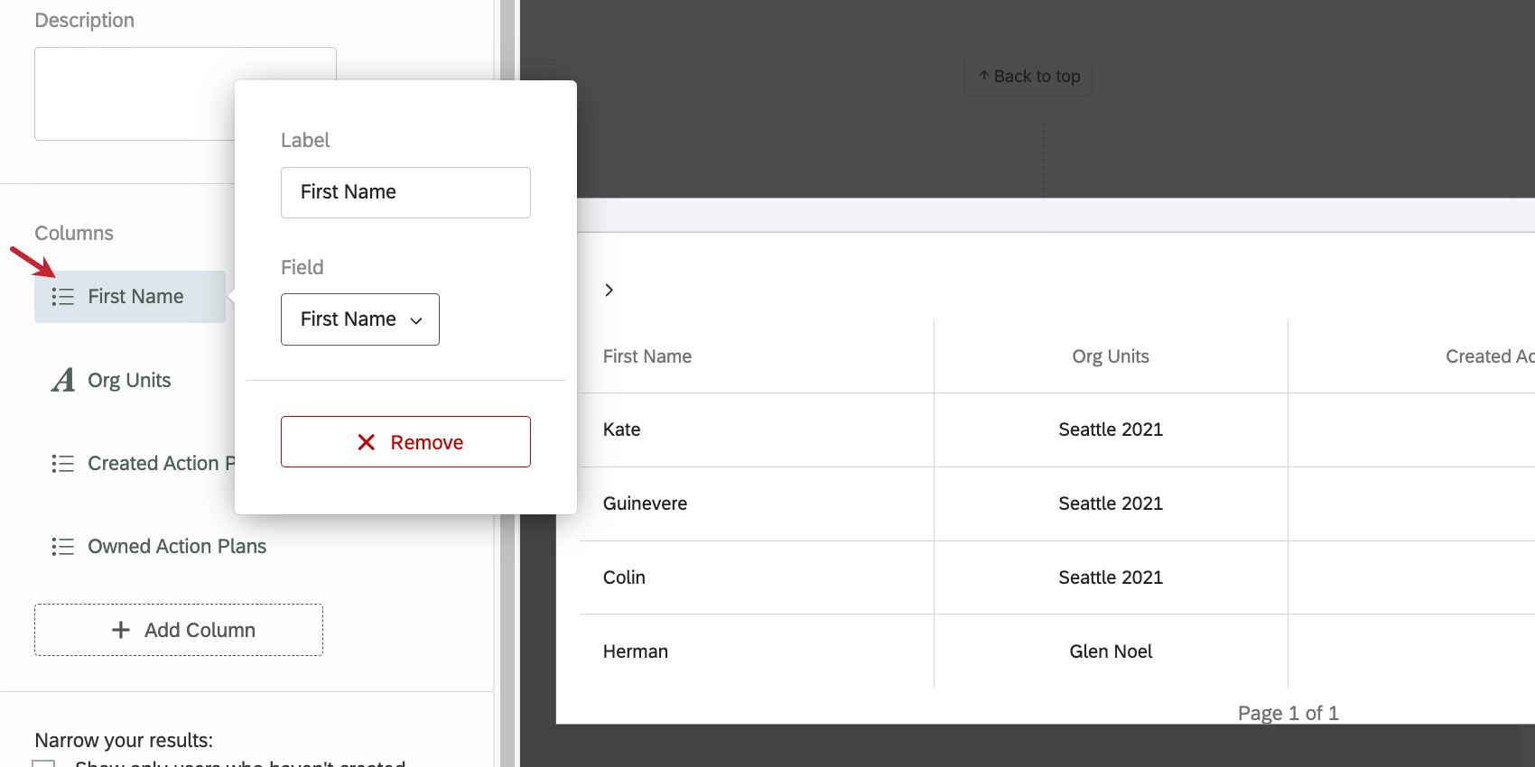 Klicken Sie auf eine Spalte, um das Menü mit den beschriebenen Optionen zu öffnen.