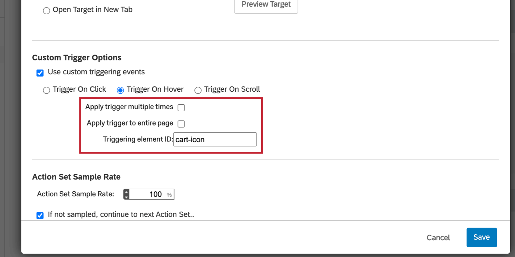 image of the use custom triggering event option. The option is set to trigger on hover over a specific element
