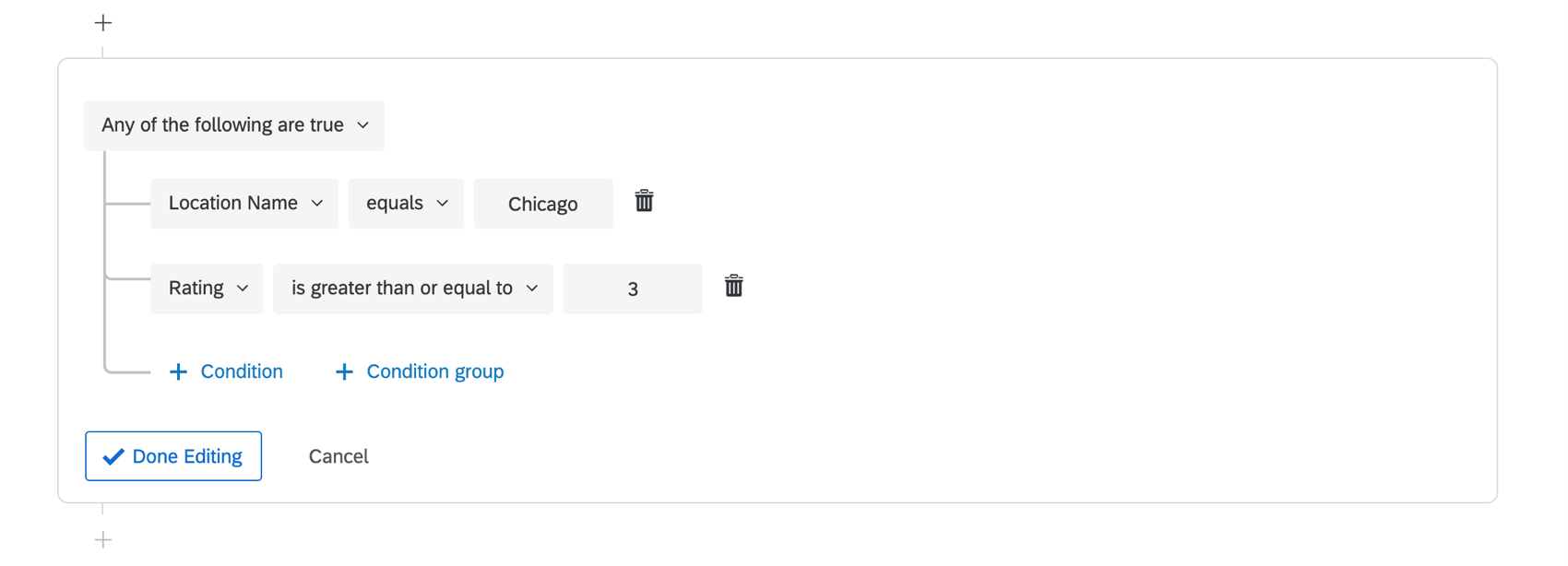 Questa condizione dice che se il nome della località è Chicago e la valutazione è inferiore o uguale a 3, il nome della località non è stato assegnato