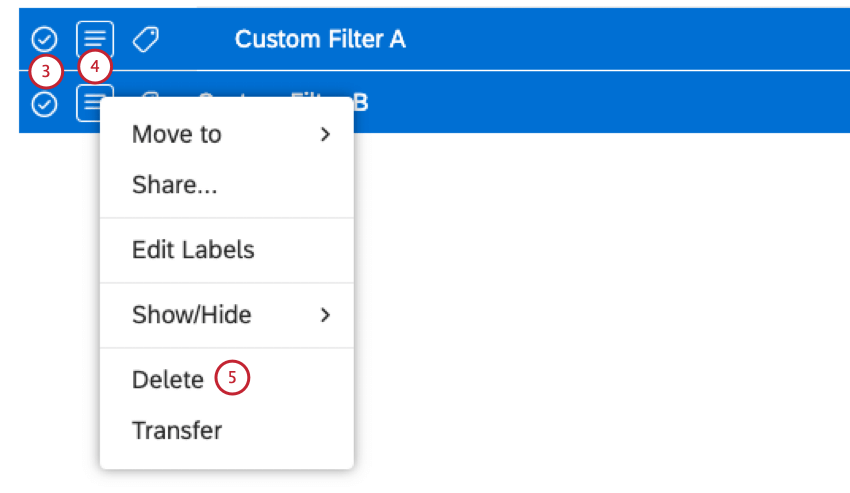 Suchen Sie auf der Seite Filter den Filter, den Sie löschen möchten. Wenn Sie mehrere Filter löschen müssen, markieren Sie jedes der Ankreuzfelder weiter den einzelnen Filtern. Mehrfachselektionen verwenden dasselbe Aktionsmenü. Klappen Sie das Aktionsmenü weiter dem Filter auf. Wählen Sie Löschen.