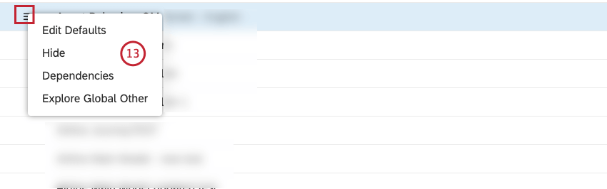 Über das Aktionsmenü können Sie Standardwerte bearbeiten, Attribute oder Kategoriemodelle ein- oder ausblenden, sehen, welche Dashboards, Filter oder Kennzahlen in Studio dieses Attribut oder Kategoriemodell verwenden, und Daten durchsuchen, die nicht in Themen des Kategoriemodells kategorisiert wurden, um nicht erfasste Ideen, Themen, Wörter und neue Themen zu analysieren.