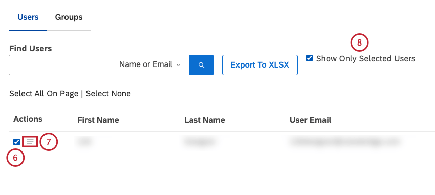 Wählen Sie einen oder mehrere Benutzer aus, um Massenaktionen auszuführen. Klicken Sie auf das Aktionsmenü, um ein Menü anzuzeigen, das die Optionen für die Verwaltung eines oder mehrerer Benutzer anzeigt. Markieren Sie das Ankreuzfeld Nur ausgewählte Benutzer anzeigen, um nur die Benutzer anzuzeigen, die Sie in der Tabelle ausgewählt haben.