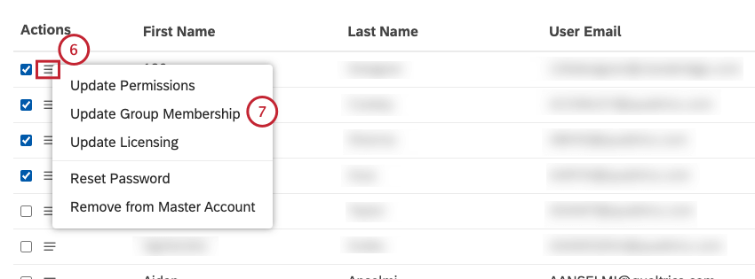 Expand the actions menu next to 1 of the selected user accounts. Select Update Group Membership.