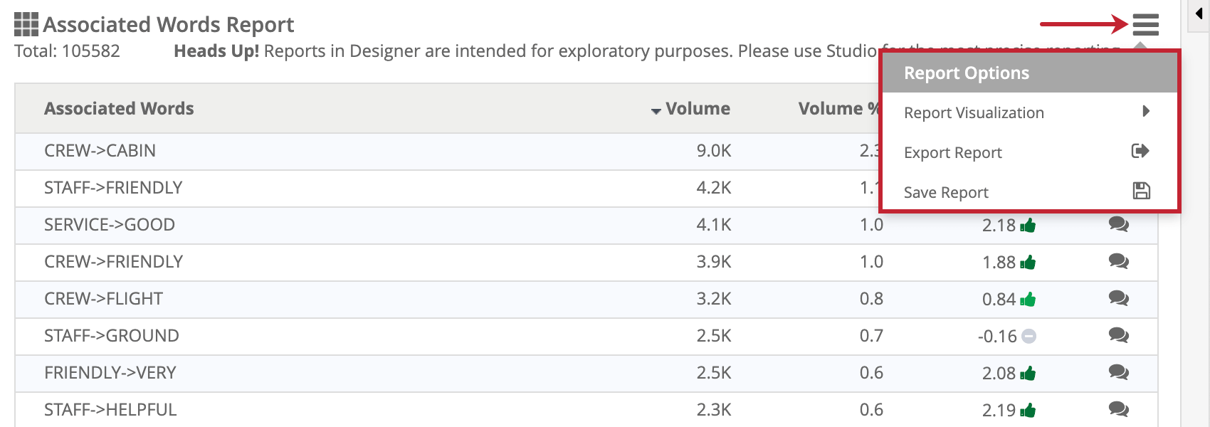 report options menu