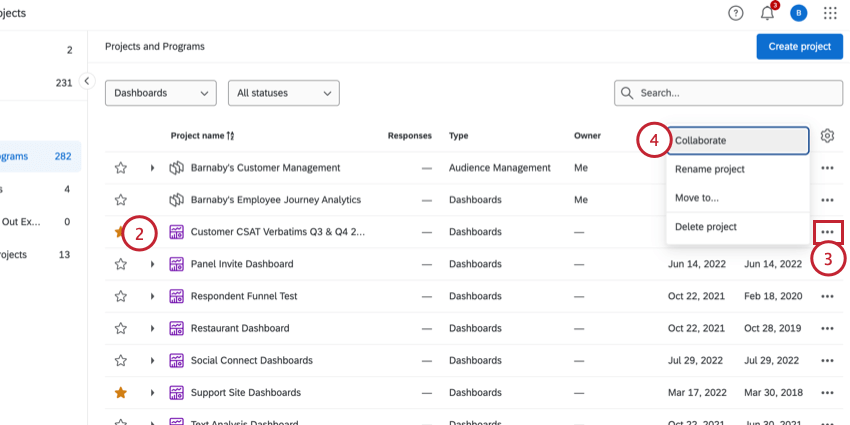 selecting a cx dashboard project and choosing collaborate