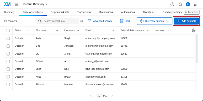 Add Directory Contacts button in the upper-right of the Directory Contacts tab