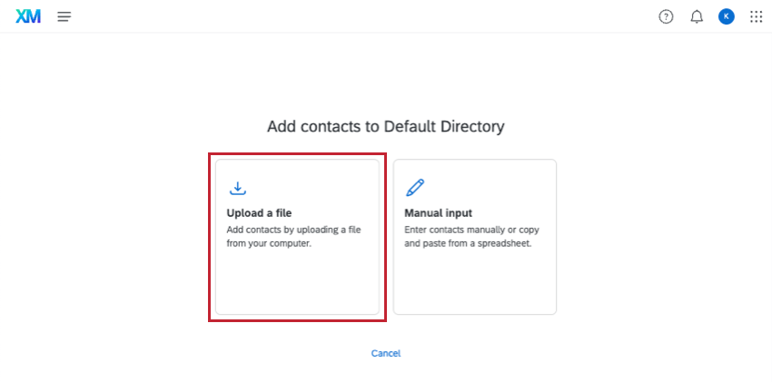 Upload file option on the left of the Add Contacts window