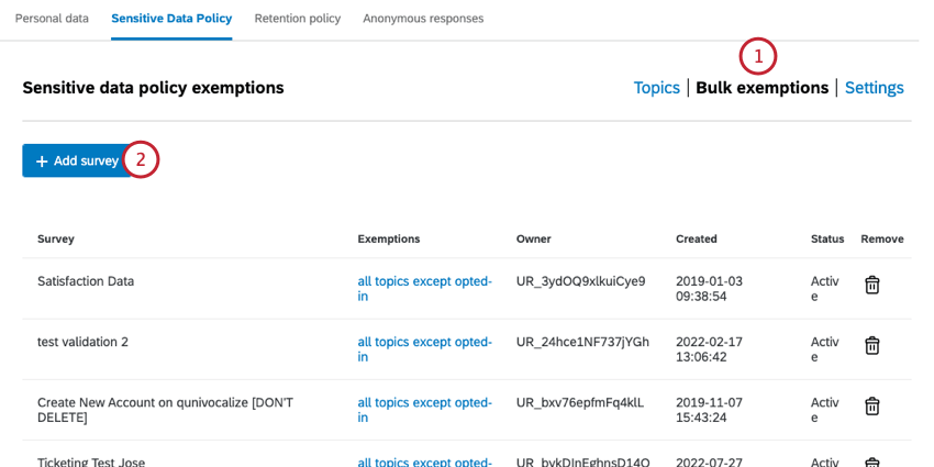一括免除をクリックし、アンケート調査の追加をクリックします。
