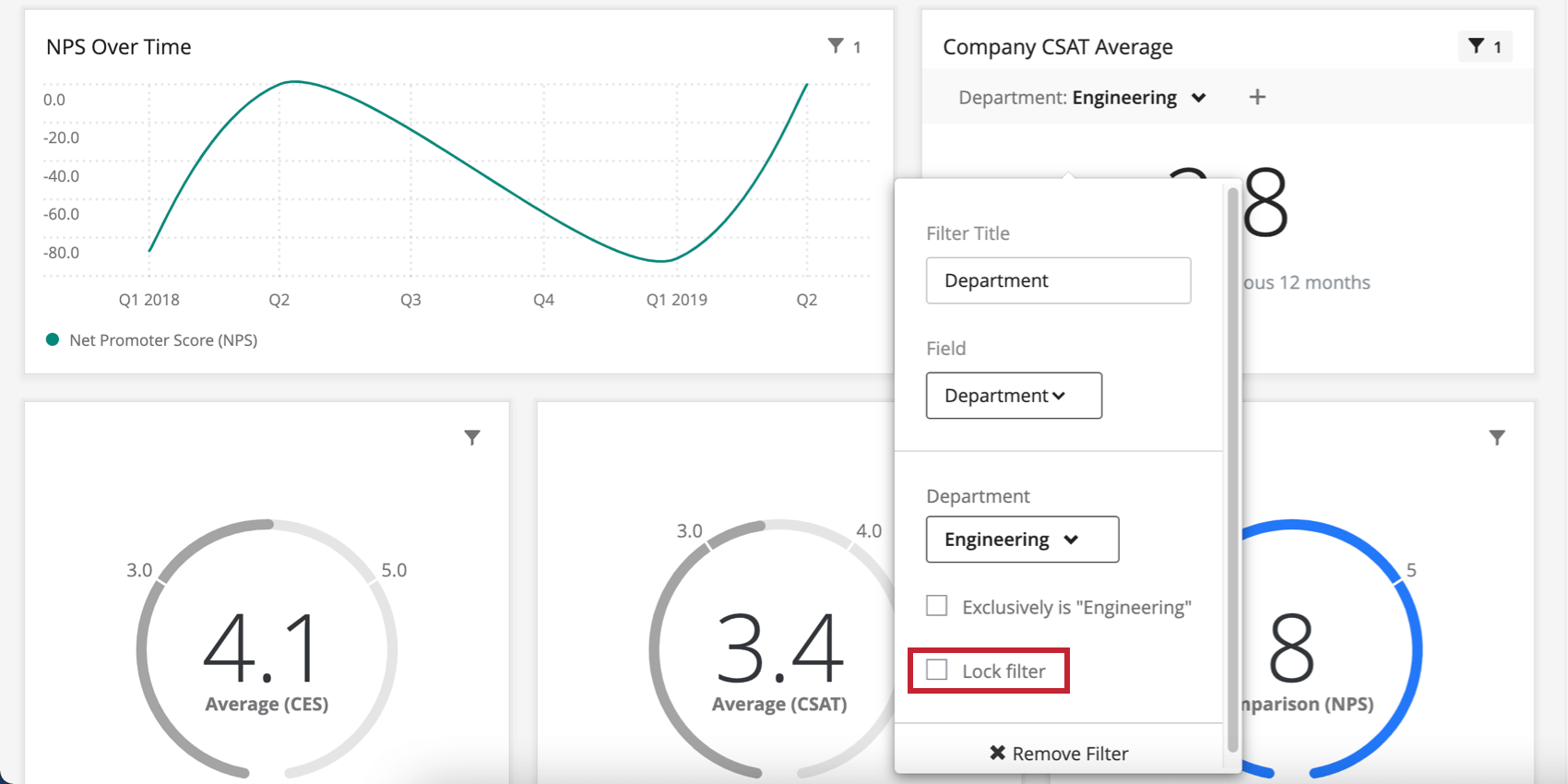 image of dashboard page filter. the dashboard is in edit mode and the lock filter option is highlighted