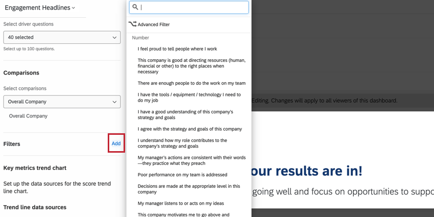 clicking the add button in the filters section of the widget editing panel