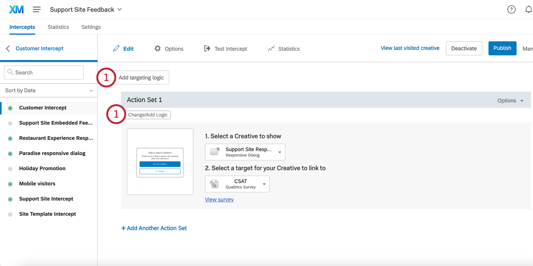 The Add Intercept Display Logic button to the top-left of all action sets, and the Change/Add Logic button inside each and every action set