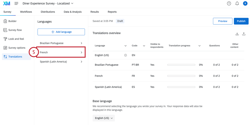 clicando no idioma recém-adicionado