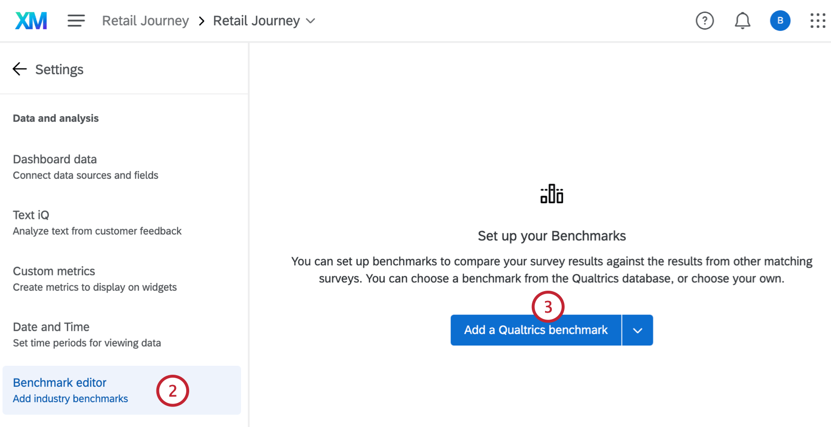 adding a Qualtrics benchmark within the benchmark editor