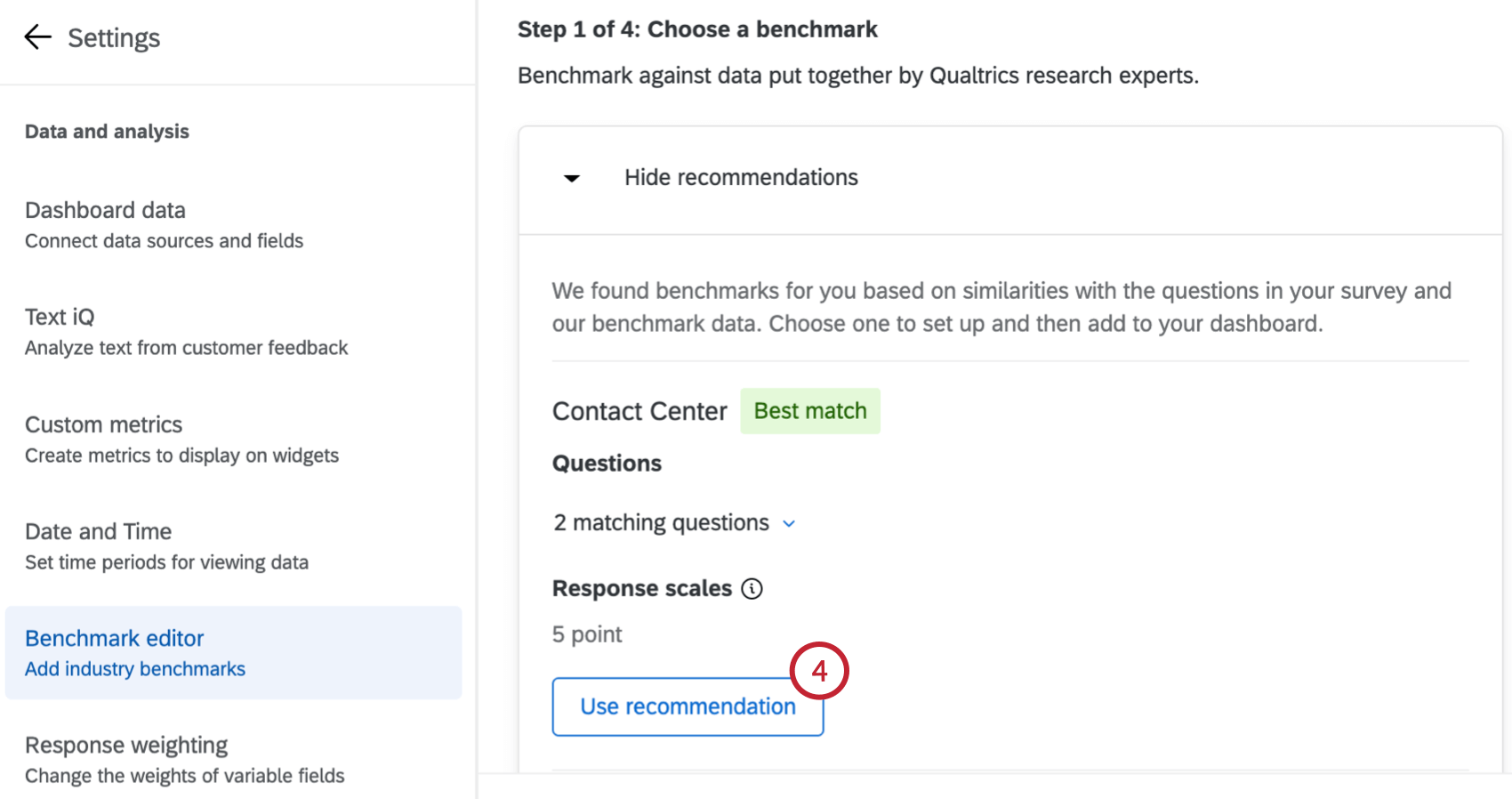 "Use recommendation" button within a recommended benchmark