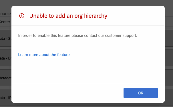 Error window that reads "In order to enable this feature please contact our customer support."