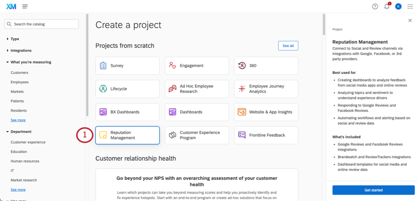 catalog is open, the reputation management project is selected