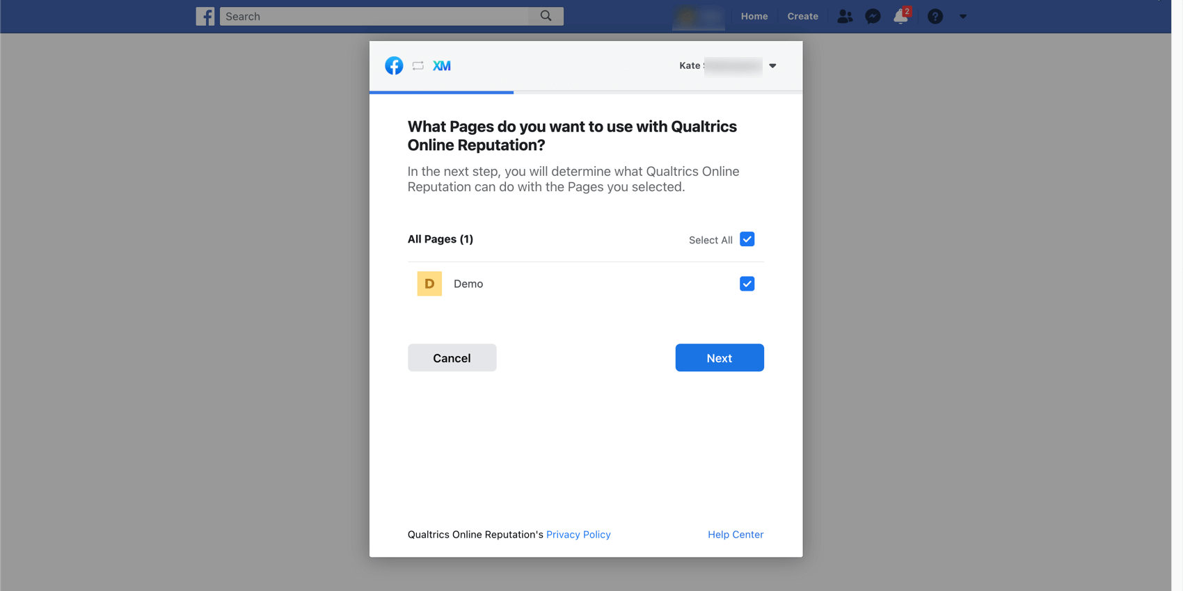 Configuration window in Facebook