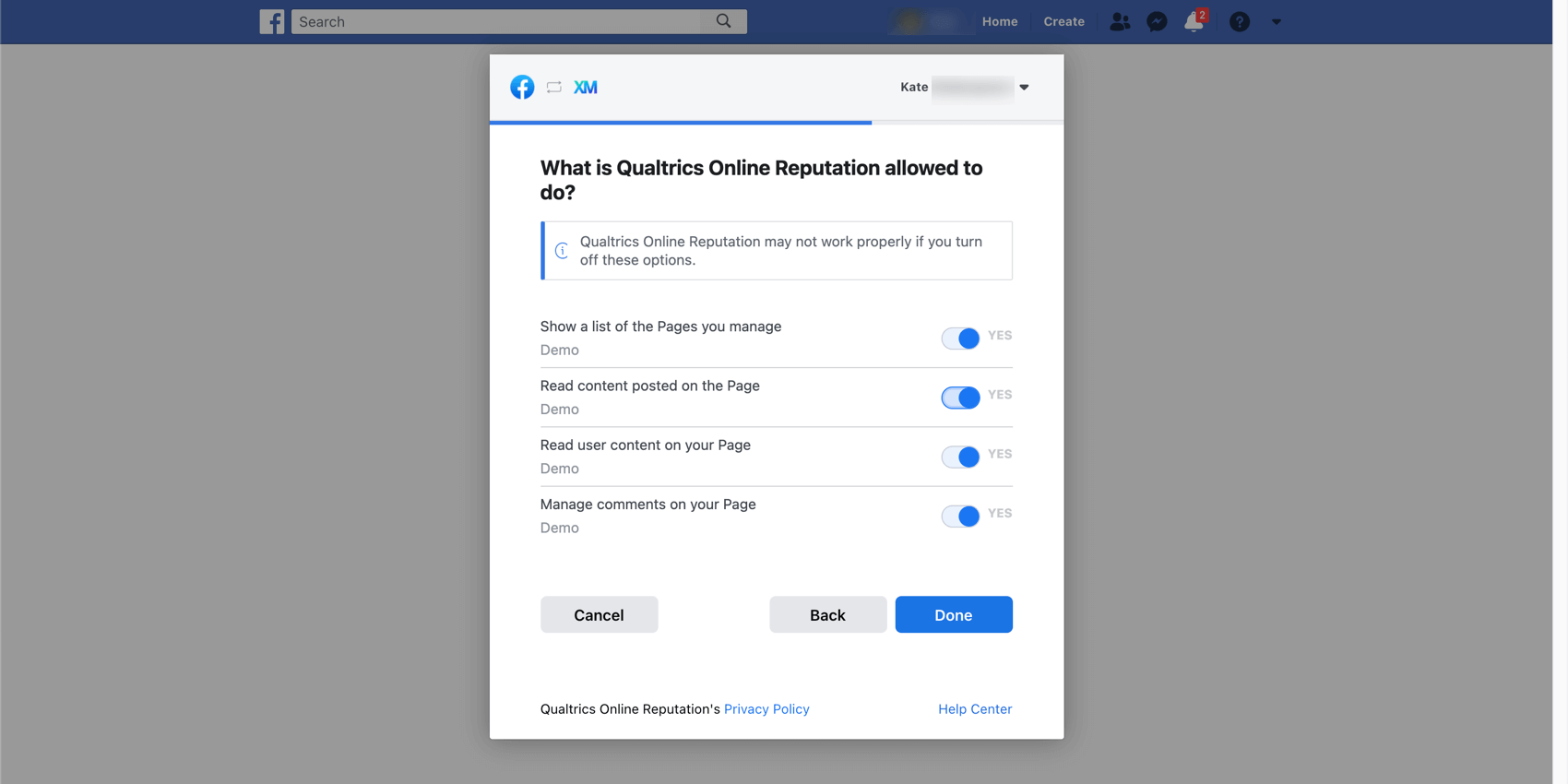 Window where you configure what you will allow the Qualtrics app to do in Facebook