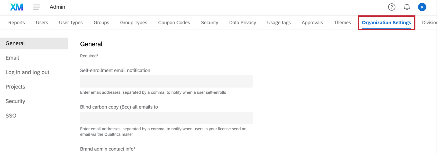 Scheda Impostazioni dellorganizzazione nella pagina di amministrazione