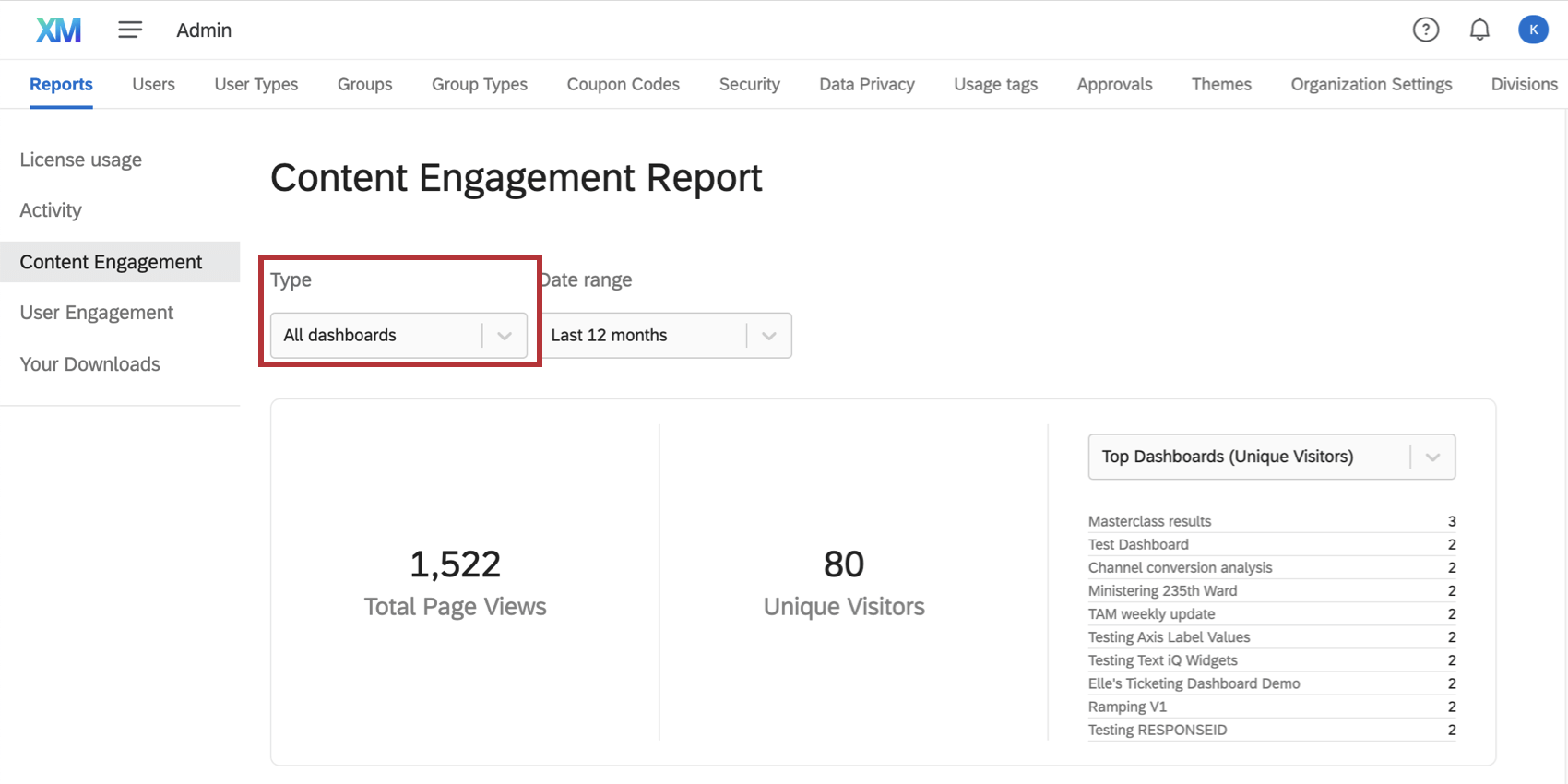 Tipo de menú desplegable, en la parte superior izquierda del informe