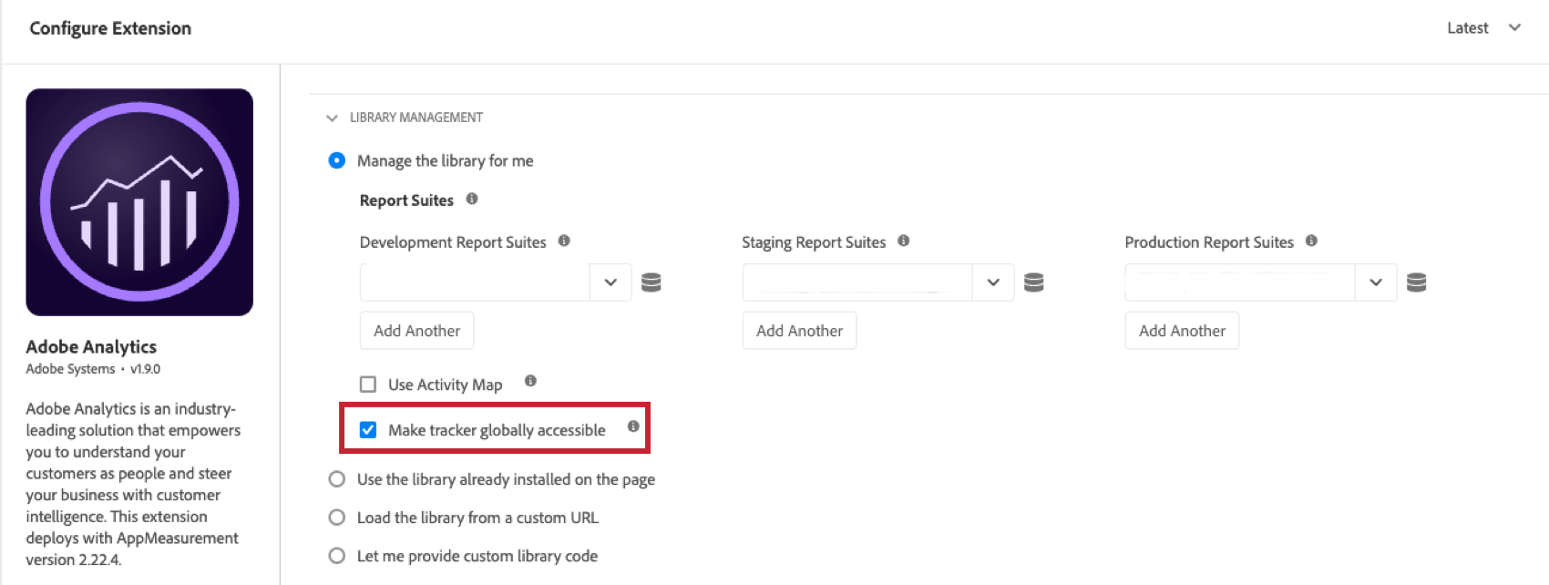 lopzione "Rendi il tracker accessibile a livello globale" è stata selezionata durante la configurazione dellestensione di adobe analytics